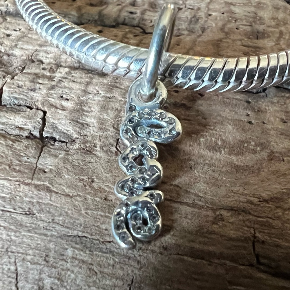 Authentic Pandora Signature of Love Dangle Silver Charm Bead Pendant Cz Pave
